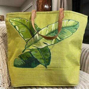 Tropical Palm Leaf Print Green Canvas Tote Bag Beach Shoulder Bag